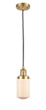 201C-SG-G311 Cord Hung 4.5" Satin Gold Mini Pendant - Matte White Cased Dover Glass - LED Bulb - Dimmensions: 4.5 x 4.5 x 10.25<br>Minimum Height : 13.75<br>Maximum Height : 131.75 - Sloped Ceiling Compatible: Yes