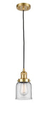 201C-SG-G52 Cord Hung 5" Satin Gold Mini Pendant - Clear Small Bell Glass - LED Bulb - Dimmensions: 5 x 5 x 10<br>Minimum Height : 13<br>Maximum Height : 131 - Sloped Ceiling Compatible: Yes