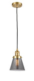 201C-SG-G63 Cord Hung 6" Satin Gold Mini Pendant - Plated Smoke Small Cone Glass - LED Bulb - Dimmensions: 6 x 6 x 8<br>Minimum Height : 13<br>Maximum Height : 131 - Sloped Ceiling Compatible: Yes