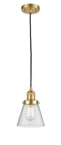 201C-SG-G64 Cord Hung 6" Satin Gold Mini Pendant - Seedy Small Cone Glass - LED Bulb - Dimmensions: 6 x 6 x 8<br>Minimum Height : 13<br>Maximum Height : 131 - Sloped Ceiling Compatible: Yes