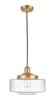 201C-SG-G694-12 Cord Hung 12" Satin Gold Mini Pendant - Seedy Large Bridgeton Glass - LED Bulb - Dimmensions: 12 x 12 x 9.875<br>Minimum Height : 12.875<br>Maximum Height : 129.875 - Sloped Ceiling Compatible: Yes