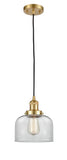 201C-SG-G72 Cord Hung 8" Satin Gold Mini Pendant - Clear Large Bell Glass - LED Bulb - Dimmensions: 8 x 8 x 10<br>Minimum Height : 13<br>Maximum Height : 131 - Sloped Ceiling Compatible: Yes