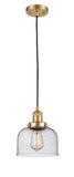 201C-SG-G74 Cord Hung 8" Satin Gold Mini Pendant - Seedy Large Bell Glass - LED Bulb - Dimmensions: 8 x 8 x 10<br>Minimum Height : 13<br>Maximum Height : 131 - Sloped Ceiling Compatible: Yes