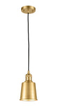 201C-SG-M9-SG Cord Hung 5" Satin Gold Mini Pendant - Satin Gold Addison Shade - LED Bulb - Dimmensions: 5 x 5 x 8<br>Minimum Height : 12.75<br>Maximum Height : 130.75 - Sloped Ceiling Compatible: Yes