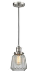 201C-SN-G142 Cord Hung 7" Brushed Satin Nickel Mini Pendant - Clear Chatham Glass - LED Bulb - Dimmensions: 7 x 7 x 11<br>Minimum Height : 14<br>Maximum Height : 132 - Sloped Ceiling Compatible: Yes