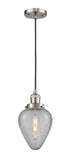 201C-SN-G165 Cord Hung 6.5" Brushed Satin Nickel Mini Pendant - Clear Crackle Geneseo Glass - LED Bulb - Dimmensions: 6.5 x 6.5 x 12<br>Minimum Height : 16<br>Maximum Height : 134 - Sloped Ceiling Compatible: Yes