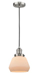 201C-SN-G171 Cord Hung 7" Brushed Satin Nickel Mini Pendant - Matte White Cased Fulton Glass - LED Bulb - Dimmensions: 7 x 7 x 10<br>Minimum Height : 12.5<br>Maximum Height : 130.5 - Sloped Ceiling Compatible: Yes