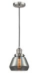 201C-SN-G173 Cord Hung 7" Brushed Satin Nickel Mini Pendant - Plated Smoke Fulton Glass - LED Bulb - Dimmensions: 7 x 7 x 10<br>Minimum Height : 12.5<br>Maximum Height : 130.5 - Sloped Ceiling Compatible: Yes