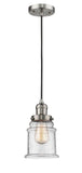 201C-SN-G184 Cord Hung 6" Brushed Satin Nickel Mini Pendant - Seedy Canton Glass - LED Bulb - Dimmensions: 6 x 6 x 10<br>Minimum Height : 14.5<br>Maximum Height : 132.5 - Sloped Ceiling Compatible: Yes