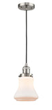 201C-SN-G191 Cord Hung 6.25" Brushed Satin Nickel Mini Pendant - Matte White Bellmont Glass - LED Bulb - Dimmensions: 6.25 x 6.25 x 10<br>Minimum Height : 13.5<br>Maximum Height : 131.5 - Sloped Ceiling Compatible: Yes