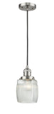 201C-SN-G302 Cord Hung 5.5" Brushed Satin Nickel Mini Pendant - Thick Clear Halophane Colton Glass - LED Bulb - Dimmensions: 5.5 x 5.5 x 8.5<br>Minimum Height : 13.25<br>Maximum Height : 131.25 - Sloped Ceiling Compatible: Yes