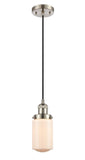 201C-SN-G311 Cord Hung 4.5" Brushed Satin Nickel Mini Pendant - Matte White Cased Dover Glass - LED Bulb - Dimmensions: 4.5 x 4.5 x 10.25<br>Minimum Height : 13.75<br>Maximum Height : 131.75 - Sloped Ceiling Compatible: Yes