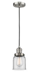 201C-SN-G52 Cord Hung 5" Brushed Satin Nickel Mini Pendant - Clear Small Bell Glass - LED Bulb - Dimmensions: 5 x 5 x 10<br>Minimum Height : 13<br>Maximum Height : 131 - Sloped Ceiling Compatible: Yes