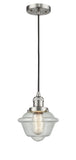 201C-SN-G534 Cord Hung 7.5" Brushed Satin Nickel Mini Pendant - Seedy Small Oxford Glass - LED Bulb - Dimmensions: 7.5 x 7.5 x 8<br>Minimum Height : 13<br>Maximum Height : 131 - Sloped Ceiling Compatible: Yes