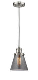 201C-SN-G63 Cord Hung 6" Brushed Satin Nickel Mini Pendant - Plated Smoke Small Cone Glass - LED Bulb - Dimmensions: 6 x 6 x 8<br>Minimum Height : 13<br>Maximum Height : 131 - Sloped Ceiling Compatible: Yes