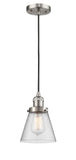 201C-SN-G64 Cord Hung 6" Brushed Satin Nickel Mini Pendant - Seedy Small Cone Glass - LED Bulb - Dimmensions: 6 x 6 x 8<br>Minimum Height : 13<br>Maximum Height : 131 - Sloped Ceiling Compatible: Yes