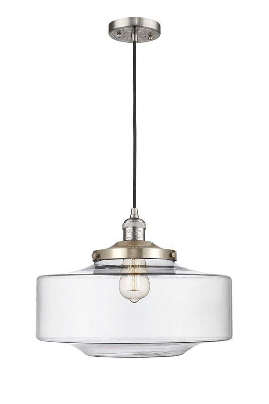 201C-SN-G692-16 Cord Hung 16" Brushed Satin Nickel Mini Pendant - Clear Large Bridgeton Glass - LED Bulb - Dimmensions: 16 x 16 x 12<br>Minimum Height : 15<br>Maximum Height : 132 - Sloped Ceiling Compatible: Yes