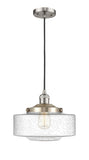 201C-SN-G694-12 Cord Hung 12" Brushed Satin Nickel Mini Pendant - Seedy Large Bridgeton Glass - LED Bulb - Dimmensions: 12 x 12 x 9.875<br>Minimum Height : 12.875<br>Maximum Height : 129.875 - Sloped Ceiling Compatible: Yes