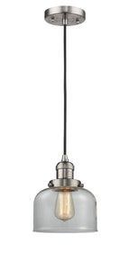 201C-SN-G72 Cord Hung 8" Brushed Satin Nickel Mini Pendant - Clear Large Bell Glass - LED Bulb - Dimmensions: 8 x 8 x 10<br>Minimum Height : 13<br>Maximum Height : 131 - Sloped Ceiling Compatible: Yes