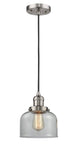 201C-SN-G72 Cord Hung 8" Brushed Satin Nickel Mini Pendant - Clear Large Bell Glass - LED Bulb - Dimmensions: 8 x 8 x 10<br>Minimum Height : 13<br>Maximum Height : 131 - Sloped Ceiling Compatible: Yes