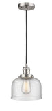 201C-SN-G74 Cord Hung 8" Brushed Satin Nickel Mini Pendant - Seedy Large Bell Glass - LED Bulb - Dimmensions: 8 x 8 x 10<br>Minimum Height : 13<br>Maximum Height : 131 - Sloped Ceiling Compatible: Yes