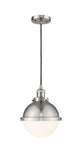 201C-SN-HFS-81-SN Cord Hung 9" Brushed Satin Nickel Mini Pendant - Matte White Hampden Glass - LED Bulb - Dimmensions: 9 x 9 x 12.25<br>Minimum Height : 15.25<br>Maximum Height : 132.25 - Sloped Ceiling Compatible: Yes