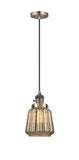 201CSW-AB-G146 Cord Hung 7" Antique Brass Mini Pendant - Mercury Plated Chatham Glass - LED Bulb - Dimmensions: 7 x 7 x 11<br>Minimum Height : 15.25<br>Maximum Height : 133.25 - Sloped Ceiling Compatible: Yes