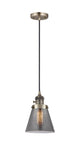 Cord Hung 6" Brushed Brass Mini Pendant - Plated Smoke Small Cone Glass LED - w/Switch