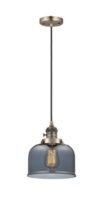 Cord Hung 8" Antique Brass Mini Pendant - Plated Smoke Large Bell Glass LED - w/Switch