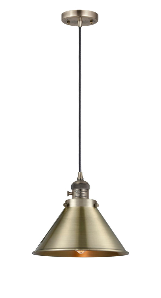 201CSW-AB-M10-AB Cord Hung 10" Antique Brass Mini Pendant - Antique Brass Briarcliff Shade - LED Bulb - Dimmensions: 10 x 10 x 8<br>Minimum Height : 12.75<br>Maximum Height : 130.75 - Sloped Ceiling Compatible: Yes