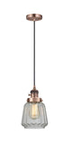 201CSW-AC-G142 Cord Hung 7" Antique Copper Mini Pendant - Clear Chatham Glass - LED Bulb - Dimmensions: 7 x 7 x 11<br>Minimum Height : 14<br>Maximum Height : 132 - Sloped Ceiling Compatible: Yes