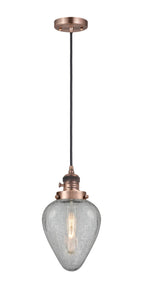 Cord Hung 6.5" Antique Copper Mini Pendant - Clear Crackle Geneseo Glass LED - w/Switch