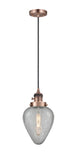 Cord Hung 6.5" Antique Copper Mini Pendant - Clear Crackle Geneseo Glass LED - w/Switch