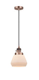201CSW-AC-G171 Cord Hung 7" Antique Copper Mini Pendant - Matte White Cased Fulton Glass - LED Bulb - Dimmensions: 7 x 7 x 10<br>Minimum Height : 12.5<br>Maximum Height : 130.5 - Sloped Ceiling Compatible: Yes
