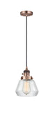 201CSW-AC-G172 Cord Hung 7" Antique Copper Mini Pendant - Clear Fulton Glass - LED Bulb - Dimmensions: 7 x 7 x 10<br>Minimum Height : 12.5<br>Maximum Height : 130.5 - Sloped Ceiling Compatible: Yes