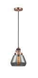 201CSW-AC-G173 Cord Hung 7" Antique Copper Mini Pendant - Plated Smoke Fulton Glass - LED Bulb - Dimmensions: 7 x 7 x 10<br>Minimum Height : 12.5<br>Maximum Height : 130.5 - Sloped Ceiling Compatible: Yes