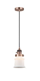 201CSW-AC-G181S Cord Hung 6" Antique Copper Mini Pendant - Matte White Small Canton Glass - LED Bulb - Dimmensions: 6 x 6 x 10<br>Minimum Height : 12.75<br>Maximum Height : 130.75 - Sloped Ceiling Compatible: Yes