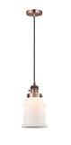 201CSW-AC-G181 Cord Hung 6" Antique Copper Mini Pendant - Matte White Canton Glass - LED Bulb - Dimmensions: 6 x 6 x 10<br>Minimum Height : 14.5<br>Maximum Height : 132.5 - Sloped Ceiling Compatible: Yes