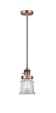 201CSW-AC-G182S Cord Hung 6" Antique Copper Mini Pendant - Clear Small Canton Glass - LED Bulb - Dimmensions: 6 x 6 x 10<br>Minimum Height : 12.75<br>Maximum Height : 130.75 - Sloped Ceiling Compatible: Yes