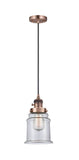 201CSW-AC-G182 Cord Hung 6" Antique Copper Mini Pendant - Clear Canton Glass - LED Bulb - Dimmensions: 6 x 6 x 10<br>Minimum Height : 14.5<br>Maximum Height : 132.5 - Sloped Ceiling Compatible: Yes