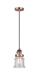 201CSW-AC-G184S Cord Hung 6" Antique Copper Mini Pendant - Seedy Small Canton Glass - LED Bulb - Dimmensions: 6 x 6 x 10<br>Minimum Height : 12.75<br>Maximum Height : 130.75 - Sloped Ceiling Compatible: Yes