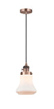 201CSW-AC-G191 Cord Hung 6.25" Antique Copper Mini Pendant - Matte White Bellmont Glass - LED Bulb - Dimmensions: 6.25 x 6.25 x 10<br>Minimum Height : 13.5<br>Maximum Height : 131.5 - Sloped Ceiling Compatible: Yes