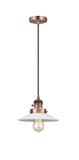 201CSW-AC-G1 Cord Hung 8.5" Antique Copper Mini Pendant - White Halophane Glass - LED Bulb - Dimmensions: 8.5 x 8.5 x 8<br>Minimum Height : 9.25<br>Maximum Height : 127.25 - Sloped Ceiling Compatible: Yes