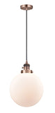 201CSW-AC-G201-10 Cord Hung 10" Antique Copper Mini Pendant - Matte White Cased Beacon Glass - LED Bulb - Dimmensions: 10 x 10 x 13<br>Minimum Height : 17<br>Maximum Height : 135 - Sloped Ceiling Compatible: Yes