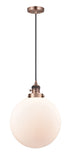 201CSW-AC-G201-12 Cord Hung 12" Antique Copper Mini Pendant - Matte White Cased Beacon Glass - LED Bulb - Dimmensions: 12 x 12 x 15<br>Minimum Height : 19<br>Maximum Height : 137 - Sloped Ceiling Compatible: Yes