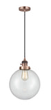 201CSW-AC-G202-10 Cord Hung 10" Antique Copper Mini Pendant - Clear Beacon Glass - LED Bulb - Dimmensions: 10 x 10 x 13<br>Minimum Height : 17<br>Maximum Height : 135 - Sloped Ceiling Compatible: Yes