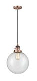 201CSW-AC-G204-10 Cord Hung 10" Antique Copper Mini Pendant - Seedy Beacon Glass - LED Bulb - Dimmensions: 10 x 10 x 13<br>Minimum Height : 17<br>Maximum Height : 135 - Sloped Ceiling Compatible: Yes