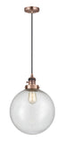 201CSW-AC-G204-12 Cord Hung 12" Antique Copper Mini Pendant - Seedy Beacon Glass - LED Bulb - Dimmensions: 12 x 12 x 15<br>Minimum Height : 19<br>Maximum Height : 137 - Sloped Ceiling Compatible: Yes
