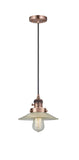 201CSW-AC-G2 Cord Hung 8.5" Antique Copper Mini Pendant - Clear Halophane Glass - LED Bulb - Dimmensions: 8.5 x 8.5 x 8<br>Minimum Height : 9.25<br>Maximum Height : 127.25 - Sloped Ceiling Compatible: Yes