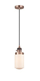 201CSW-AC-G311 Cord Hung 4.5" Antique Copper Mini Pendant - Matte White Cased Dover Glass - LED Bulb - Dimmensions: 4.5 x 4.5 x 10.25<br>Minimum Height : 13.75<br>Maximum Height : 131.75 - Sloped Ceiling Compatible: Yes